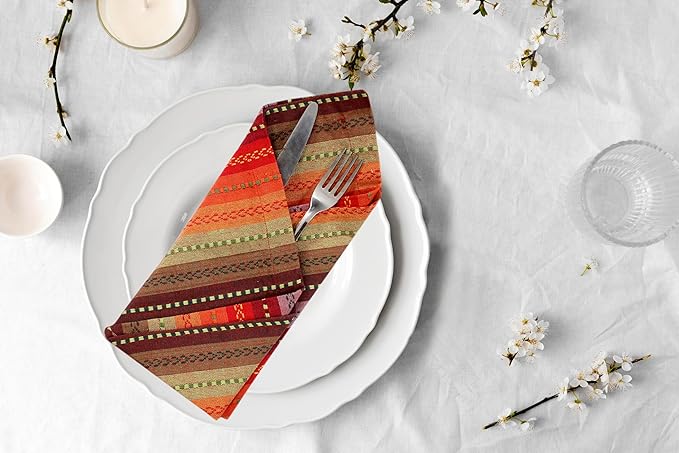 ACCENTHOME 100% Cotton Salsa Stripe Napkin Set of 12 18x18 inch Red/Rust Multicolour Dinner Napkins - Washable Soft Premium Hotel Quality Reusable Perfect Table Linen for Family Dinners Weddings