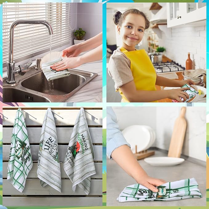 Oudain Set of 6 Camping Kitchen Towels Decor 24 x 16 Inches Happy Camper Dish Hand Tea Towels Kit Printed with Funny Sayings Novelty Gifts for Farmhouse Rv Home Accessories Decorations