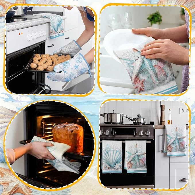 Jingmore 6 Pcs Kitchen Decor Set Accessorie Farmhouse Kitchen Towels Pot Holders and Oven Mitts Set 2 Dish Towels 2 Pot Holders 2 Cooking Mitten Oven Glove for Cooking(Blue,Coastal Starfish Shells)