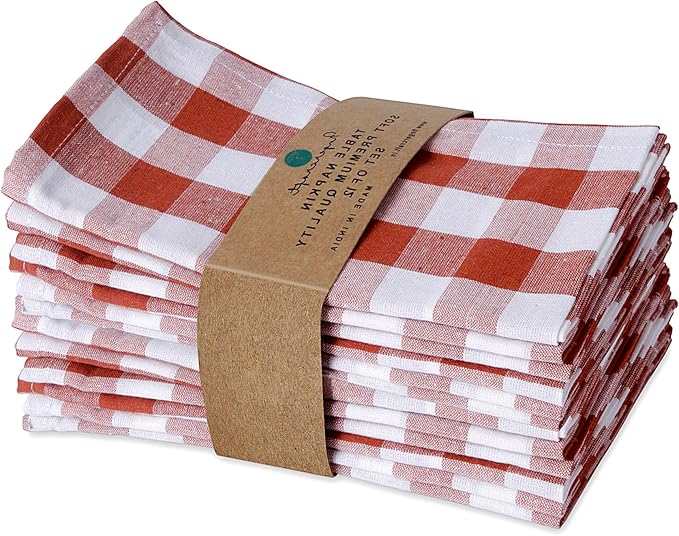 FINGERCRAFT Cloth Napkins, Everyday Use, Premium Quality, Cotton Buffalo Plaid, Set of 12, 20X20 Inch Oversized Napkins Cloth Mitered Corners, Soft, Durable Hotel Quality Brown White Checkered