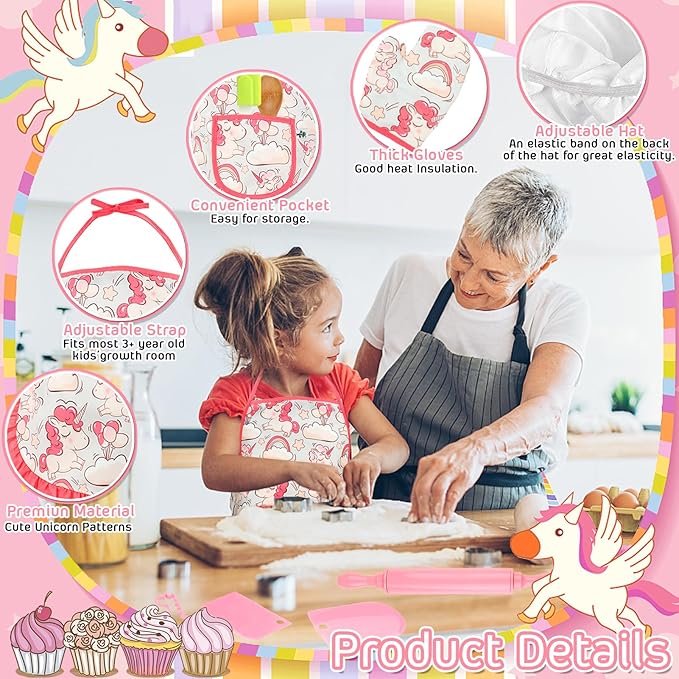KAEGREEL Kids Baking Chef Set with Unicorn Apron and Mitt, 26pcs Kid Cooking Set with Chef Hat Spoons Whisk, Chef Dress Up Role Play Gifts for Girls Boys Aged 3 4 5 6 7 8