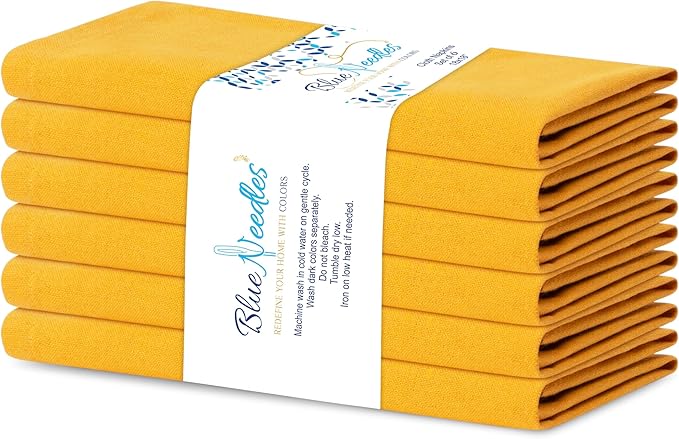 Blue Needles Solid Cloth Napkins Set of 6 Golden Yellow 100% Cotton Dinner Napkins 18x18 inches - Soft, Reusable, Absorbent & Washable, Ideal for Spring Summer Easter Events Parties & Everyday Use