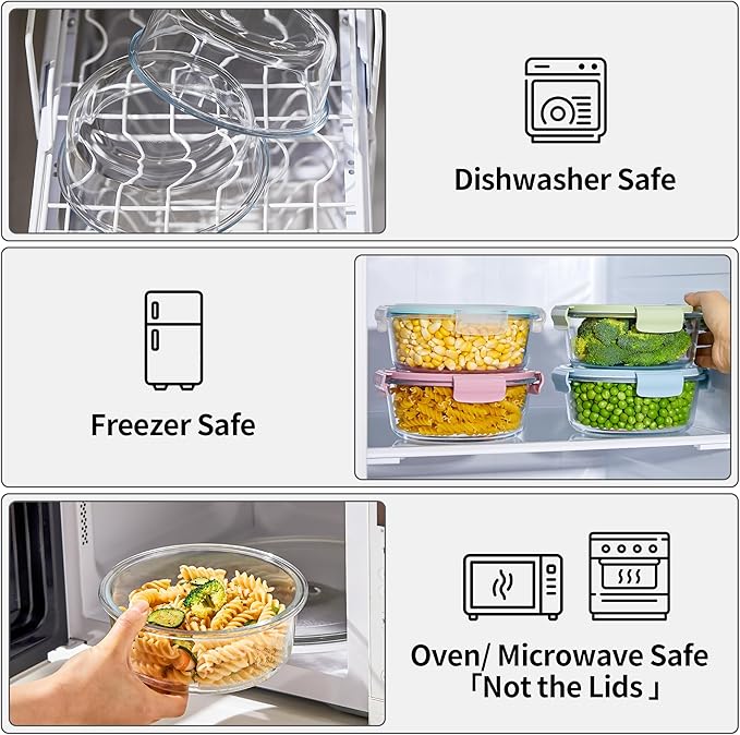 8 Pcs Round Glass Containers with Lids Airtight 4 Cup Glass Storage Containers Set Meal Prep Containers for Soup Leftover Microwave, Dishwasher, and Freezer Safe (6pc)