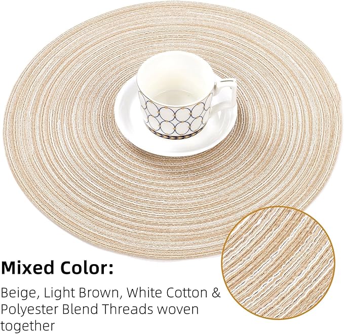 SHACOS 15 inch Beige Round Placemats Set of 12 for Dining Table Woven Braided Circle Place Mats Kitchen Placemat Washable Table Mats