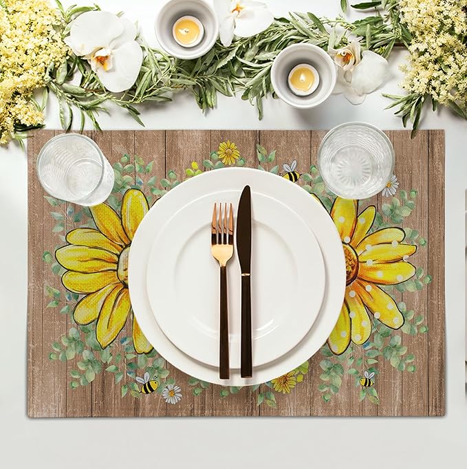 Spring Summer Floral Set of 4 Sunflower Daisy Eucalyptus Leaf Wooden Board Place Mats 12x18 Inch Rustic Vintage Flowers Farmhouse Table Mats for Home Kitchen Dining Decoration