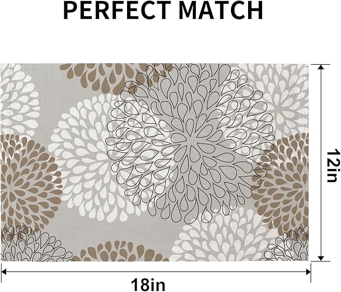 QIYI Boho Placemats Set of 6, 12x18 Inch Linen Fabric Place Mats for Kitchen Dinning, Farmhouse Rustic Floral Cloth Table Mats, Washable Placemat Party Table Décor, Brown Floral Burst