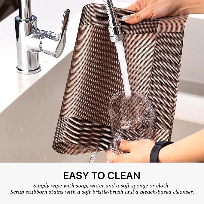 LEXMORE Placemats Set of 8 Vinyl/Plastic Woven Place Mats for Kitchen Table Indoor/Outdoor Washable Placemat Wipeable Dining Table Mats(Brown Cube)