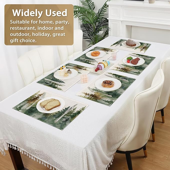 Set of 6 Washable Misty Forest Landscape Placemats Non-Slip Heat-Resistant 12x18 Inch Thick Decorative Linen Table Mats for Dining Table Home Décor