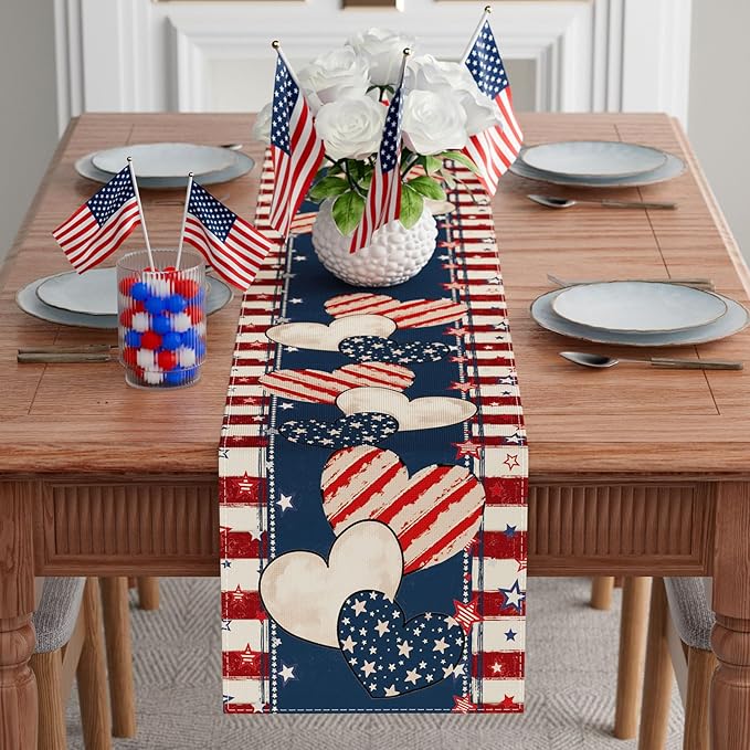 4th of July Table Runner Stripe Stars Heart Memorial Day Independence Day Patriotic America Table Decoration Home Kitchen Dining Indoor Holiday Farmhouse Decor 13x36 Inch