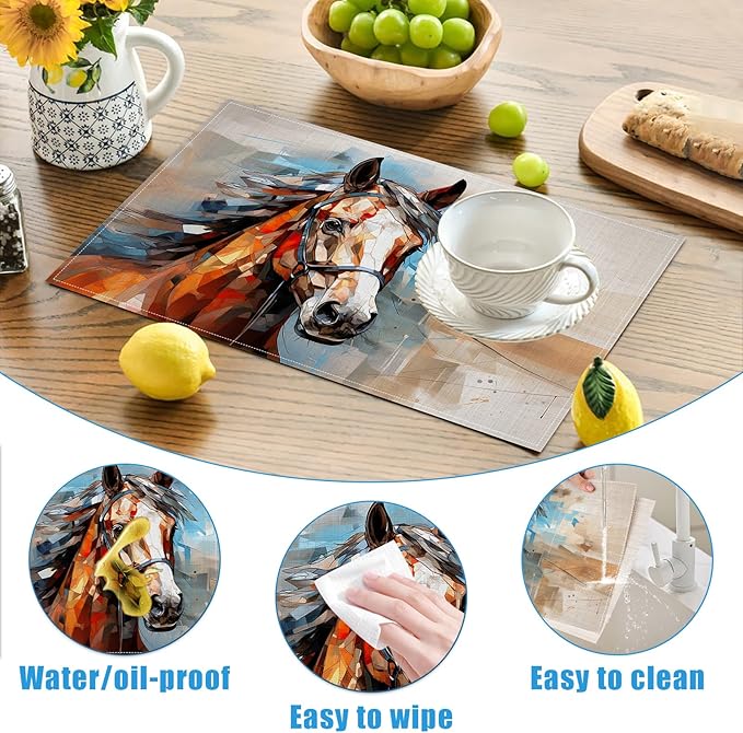 Abstract Horse Placemats Set of 6, Washable Linen Place Mat Heat Resistant Non Slip Kitchen Dining Table Mats 12x18 Inch
