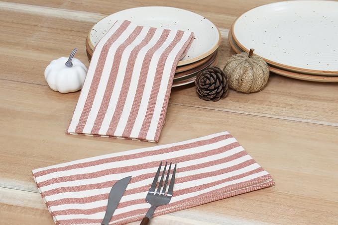 PurpleEssences Plain Striped Cloth Napkins - Set of 12-100% Cotton - 18 x 18 Inch - Spring Easter Summer and Perfect Everyday Use Dinner Napkin - Royal Rust Ivory