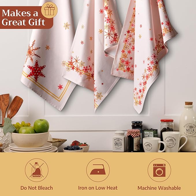 Maison d' Hermine Kitchen Towels Set of 3 100% Cotton 20" x 27.5" Reusable Cloth Tea Dish Towels Absorbent with Hanging Loop for Kitchen Dining Thanksgiving Christmas Decorations (Crystal Star)