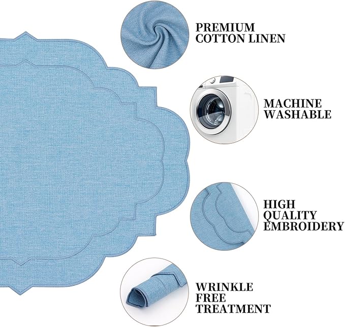 Cotton Linen Oval Placemats Set of 4, HADEEONG Table Mats Cloth Placemats, Washable Wrinkle Resistance, Scalloped & Embroidered Fabric Placemats, 17.71 x 13.77inch (Sky Blue, 4)