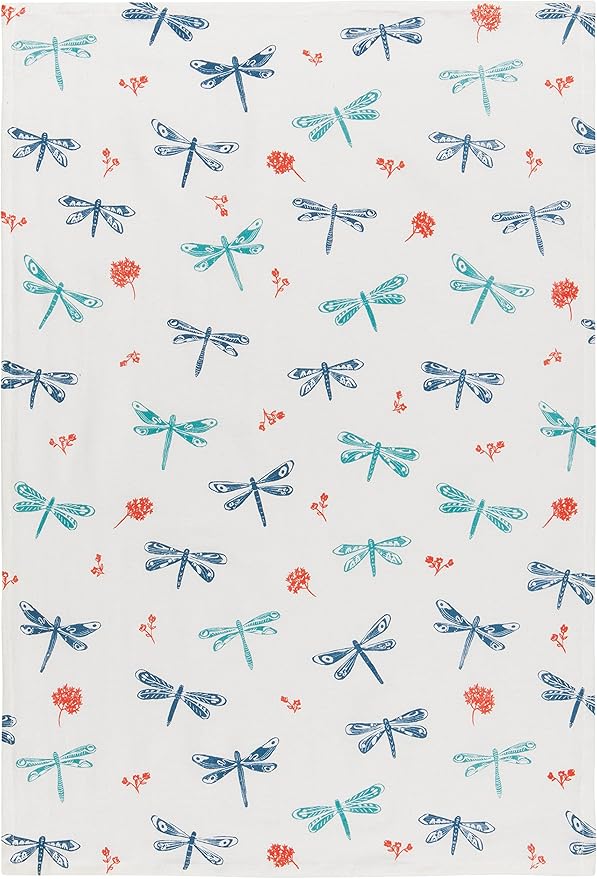 Now Designs Floursack Kitchen Towels Quick Dry Cotton Hand Towel Set, 3 Count, Dragonfly, 20 x 30 in
