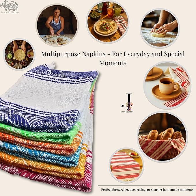 Jacq & Jürgen – Set of 6 Multicolor Cotton Cloth Napkins – 22"x18" – Dinner Table Linens or Tortilla Warmer Cloths - 100% Cotton - Premium Materials (6MexicanKitchenWhite)