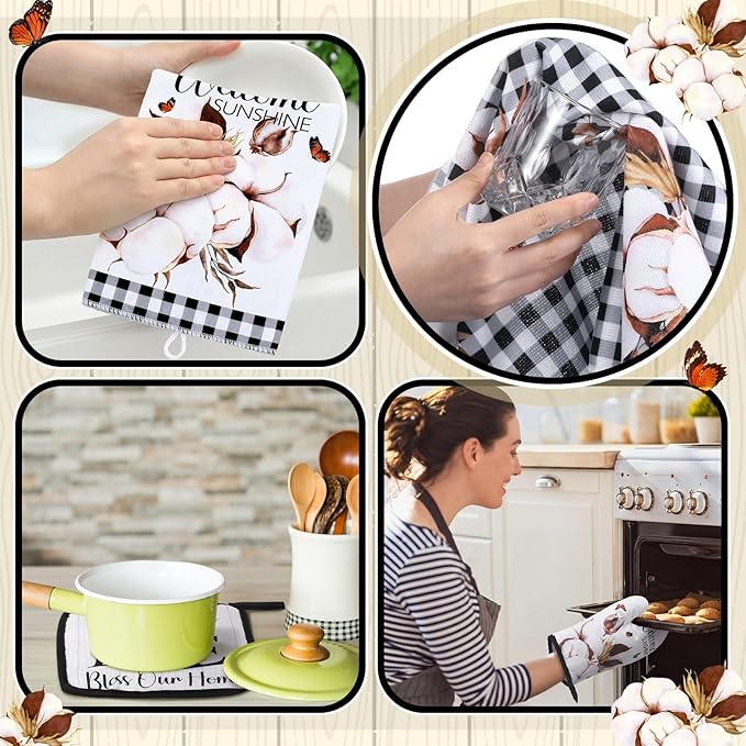 Leinuosen 8 Pcs Kitchen Towels and Dishcloths Sets Oven Mitts and Pot Holders Sets Absorbent Kitchen Gloves Potholders Heat Resistant for Chef Baking Cooking (White,Cotton)
