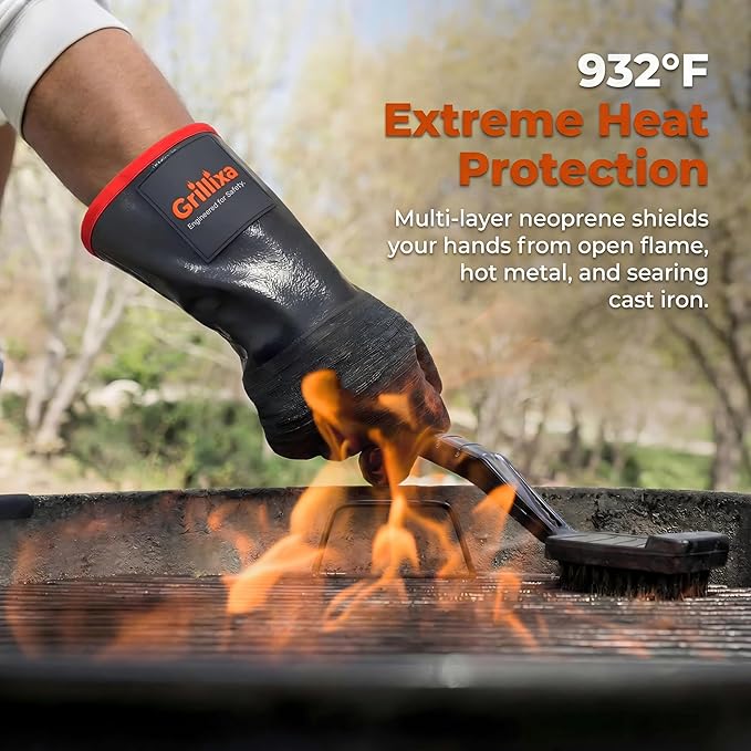 932°F Heat Resistant BBQ Gloves, 14-Inch Waterproof Neoprene Grill Gloves, Oil & Slip Resistant with Cotton Lining, for Oven, Smoker, Fire Pit, Rotisserie and BBQ Cooking