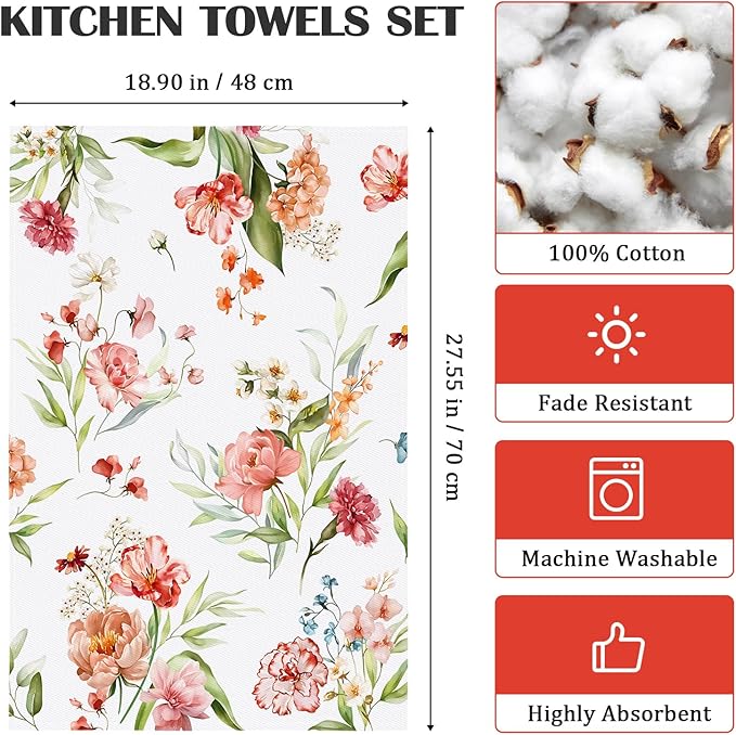 Watercolor Flower Tea Towels, Cotton Kitchen Towel 18.9 × 27.5 inch, Quick Drying Dish Cloth for Party Anniversary Holiday Decoration, Housewarming Gifts for Mom