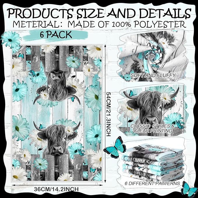 Breling Set of 6 Highland Cattle Kitchen Towels Highland Cow Vintage Themed Dish Towel Bathroom Decorative Rustic Cloths for Kitchen Bathroom Home Cooking Housewarming Gifts, 14 x 21 Inch