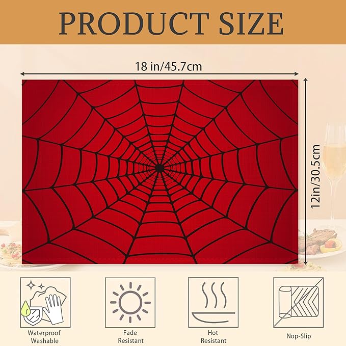 Spider Web Red Placemats Set of 6 Place Mats for Kitchen Table Washable Farmhouse Linen Table Mats Dining Decoration 12x18 Inch