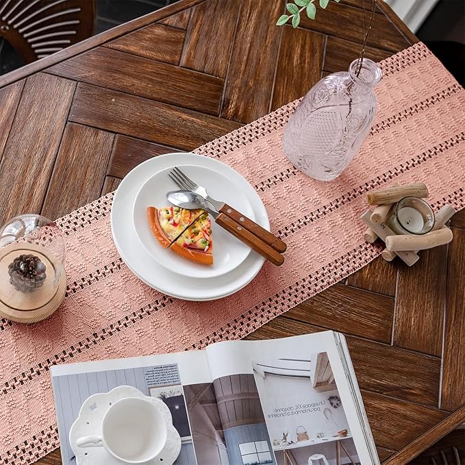 Alynsehom Macrame Table Runner Pure Pink Boho Table Runners with Tassels Hand Woven Cotton Table Runner Rustic Farmhouse Table Runners for Bohemian Kitchen Dining Table(12x48in)