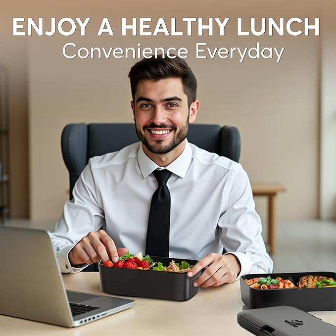 Umami Lunch Box Containers w/ 4 Utensils, 2 Sauce Jars, Nestable Space-Saving Bento Box Adult, 100% Leakproof, Microwavable Lunch Containers for Adults, Design Award Winner, Onyx Black, 50 oz