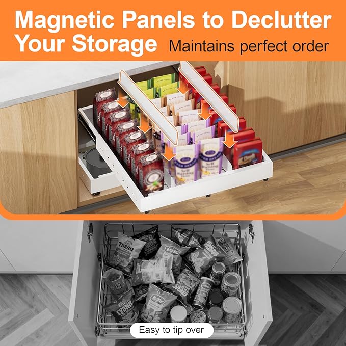 Pull out Cabinet Organizer Expandable W(12"-20") and D(16"-22"), No Drill Adjustable Slide Out Drawers With 3 Slide Rails, 2Pcs Magnetic Panel, Adhesive Roll out Shelves for Kitchen, Cabinets, Pantry
