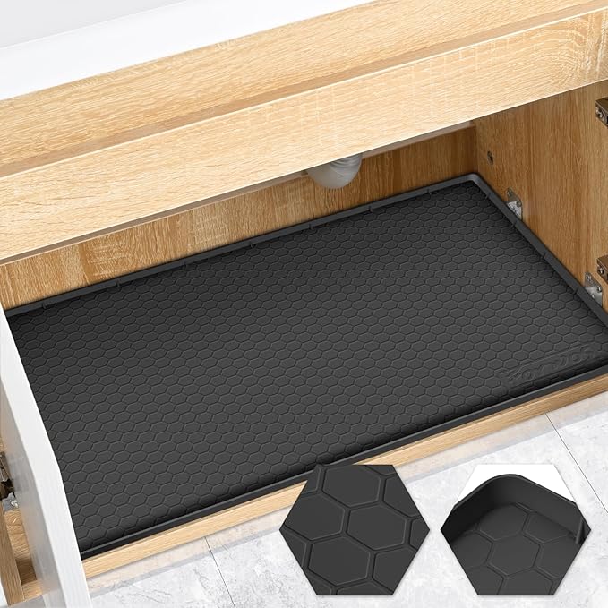 Waterproof Under Sink Mat 22" x 19", Silicone Cabinet Liner, Rubber Protector for Kitchen and Bathroom, Keeps Cabinets Clean, Dry, and Organized (Black)