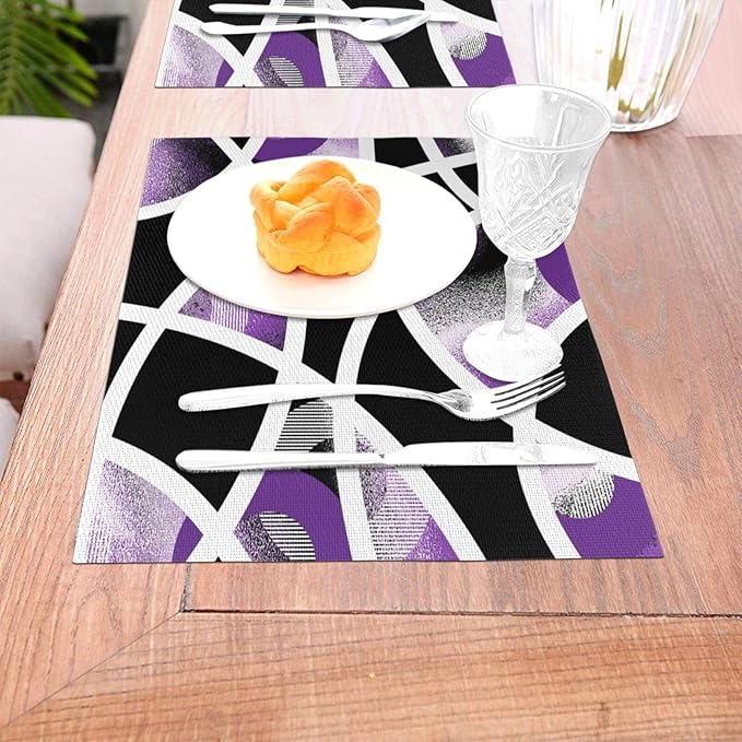 Modern Geometric Abstract Purple Placemats Set of 4, Linen Durable Non-Slip Heat-Resistant Washable Black White Purple Patterned Place Mats for Dining Table, Kitchen, Party, Kitchen Table Mats Decor