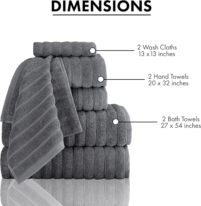 Classic Turkish Towels CTT - Luxury 6 Piece Towel Set, 100% Turkish Cotton, Absorbent & Comfy, 2 Bath Towels, 2 Hand Towels & 2 Washcloths | (Grey)