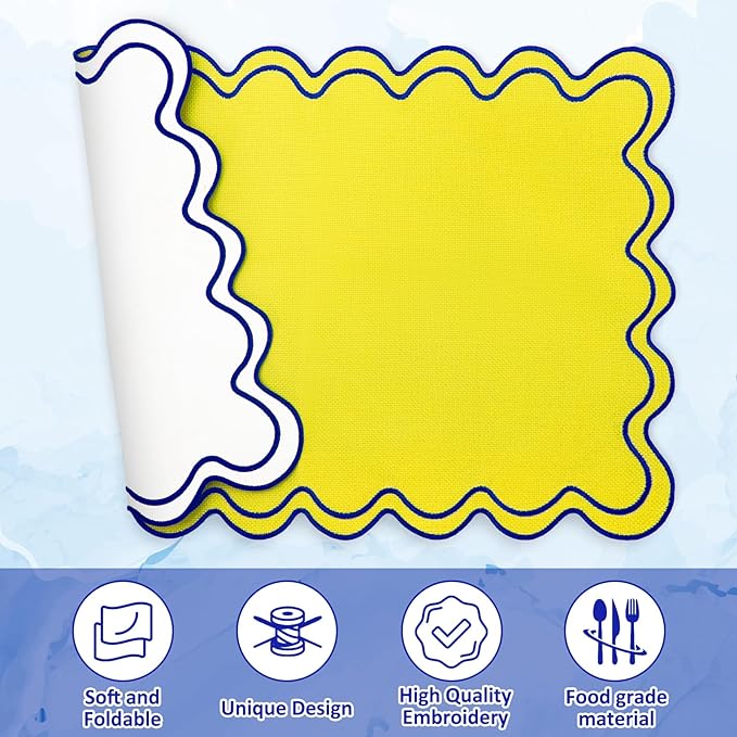 Whaline Yellow Blue Linen Placemats Embroidered Scalloped Kitchen Place Mats for Summer Birthday Party Home Dining Table Decor, Set of 6, 13 x 19 in