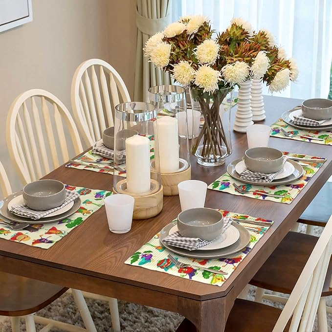 Vibrant Superhero Vegetable Linen Placemats Set of 4, Heat Resistant Non Slip Cute Place Mats for Dining Table, Kitchen, Kids’ Party, Family Gathering, Whimsical Home Decor, Gift for Children Parents