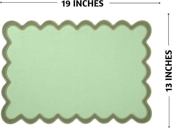 Folkulture Placemats Set of 4 (13 x 19) |100% Cotton, Green Cute Placemats for Dining Table Decor, Party Decorations | Scalloped Place Mats or Heat Resistant Table Mats