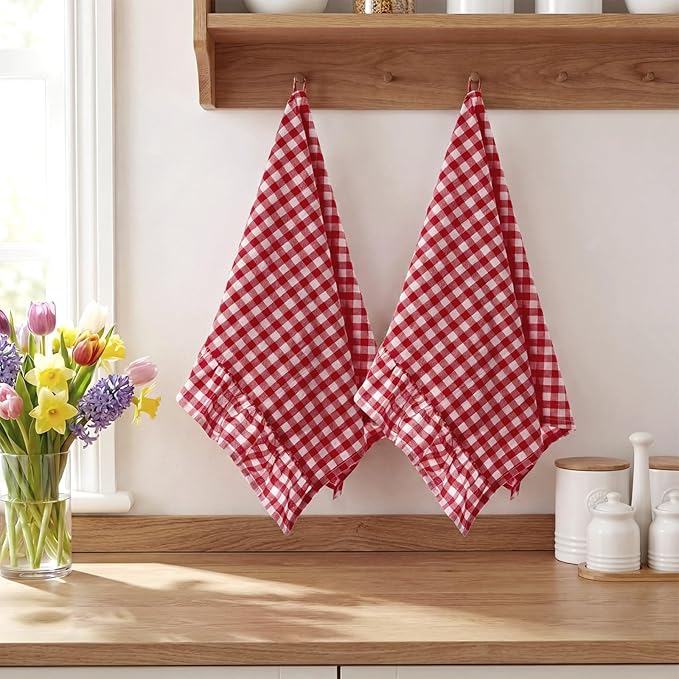 HunnmingRe Red Kitchen Towels Set of 2, 100% Cotton Ruffled Gingham Dish Towels 18"x28" Absorbent Tea Cloths Classic Plaid Pattern for Farmhouse Charm, Drying Dishes, Entertaining Guests