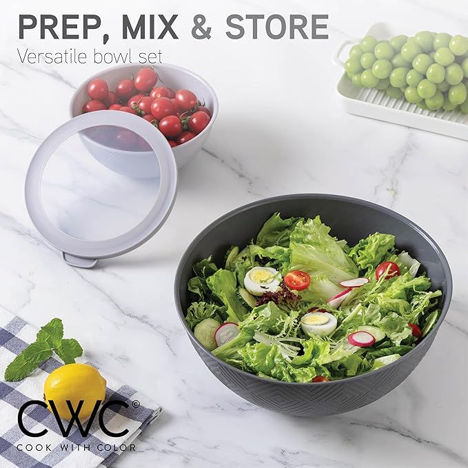 COOK WITH COLOR Mixing Bowls with Lids - 12 Piece Plastic Nesting Bowls Set includes 6 Prep Bowls and 6 Lids, Microwave Safe Mixing Bowl Set, Grey Rhombus