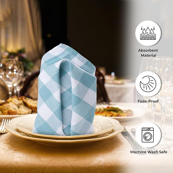 Urban Villa Cotton Dinner Napkins Set of 6, Highly Absorbent 20x20 Inches Premium Cloth Napkins Hotel Quality Reusable & Washable Table Dinner Napkins for Home & Weddings - Aqua/White, Checks