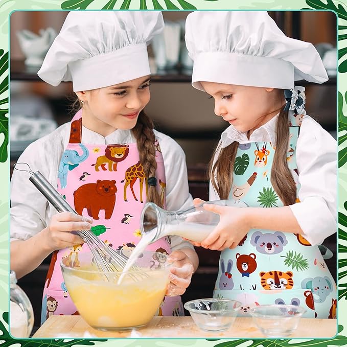 2 Pack Kids Apron, Cute Cooking Aprons, Waterproof Art Apron with Pockets, Toddler Painting Artist Apron Adjustable