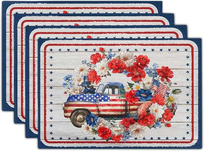 Patriotic Truck Linen Placemat Sets American Flag Flowers Place Mat for Home Dining Tabletop Decor