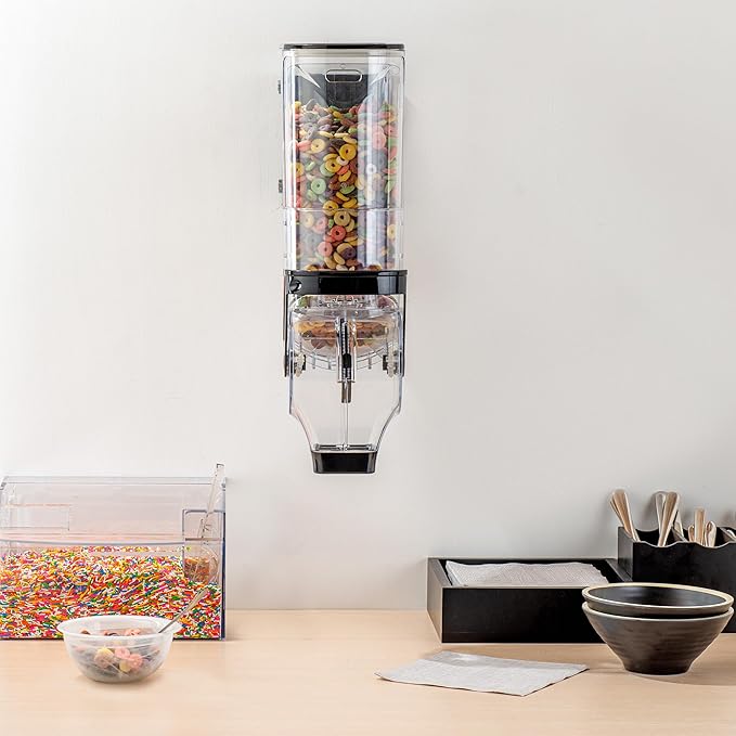 Restaurantware Cereal Dispenser 3.5 gal Plastic Wall-Mounted Gravity Bin Candy Dispenser Self-Serve Black Dry Food with Wall Mount Brackets for Breakfast Buffet or Hotel Use