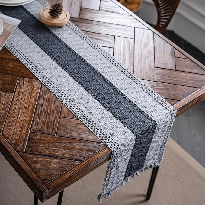 Alynsehom Macrame Table Runner Grey Boho Table Runners with Tassels Hand Woven Cotton Table Runner Rustic Farmhouse Table Runners for Bohemian Kitchen Dining Table(12x48in)