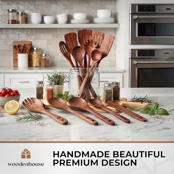 Wooden Spoons for Cooking – 13 Pcs Premium Teak Wooden Utensil Set - Durable, Safe for Nonstick Cookware, Easy to Clean & Heat Resistant Kitchen Utensils Set Wood with Ergonomic Handles