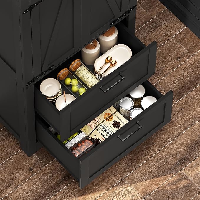 TEENFON 66.1" H Storage Cabinet, Farmhouse Kitchen Pantry Cabinet with 2 Drawers & Adjustable Shelf, Bathroom Cabinet, for Living Room, Kitchen, Bathroom, Black