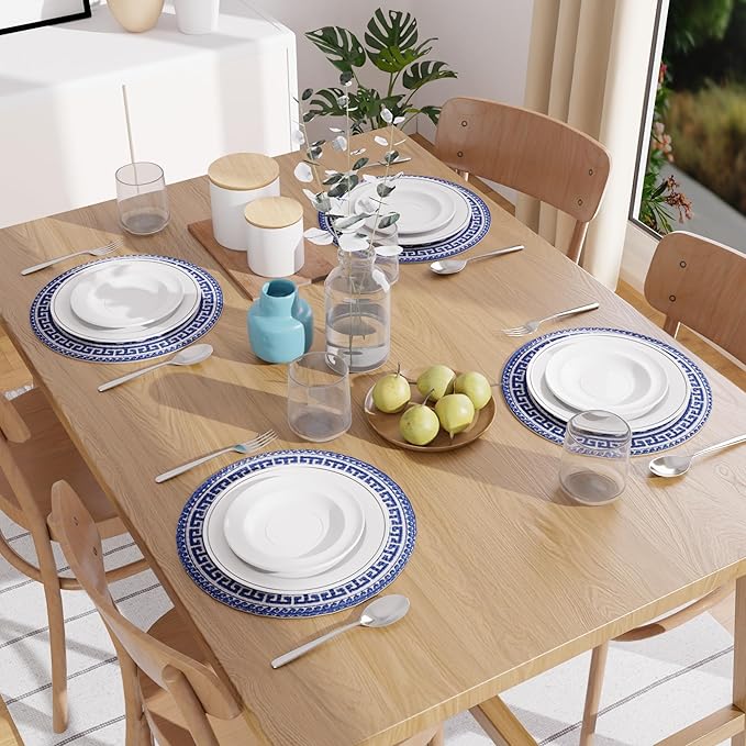 Encasa XO Dining Placemats Set of 4 | Cotton Round Table Mat - 13 in Diameter | Blue Mandala Print | Handmade Rib Style Chargers for Dinner Plates