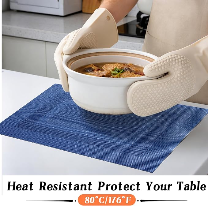 Timeet Blue Placemats Set of 8, Heat Resistant Non-Slip Place Mats, Durable Washable PVC Vinyl Woven Table Mats, Wipeable Placemats for Dining Table Easy to Clean