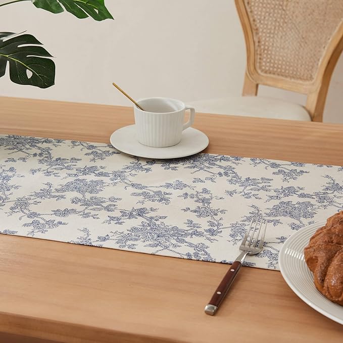 100% Cotton French Pastoral Table Runners, 13x72 Inch Blue Farmhouse Table Runners 72 Inches Long, Vintage Flowers Print Home Decors