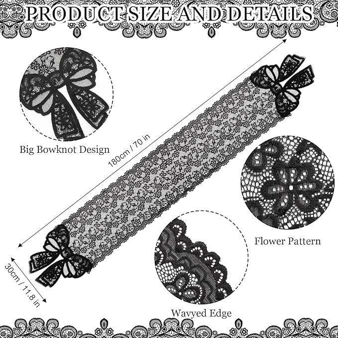 Black Lace Table Runner with Big Bow Ends 12 x 71 Inch Vintage Rectangle Macrame Embroidered Runner French Style Tablecloth for Wedding Kitchen Dining Table Home Decor