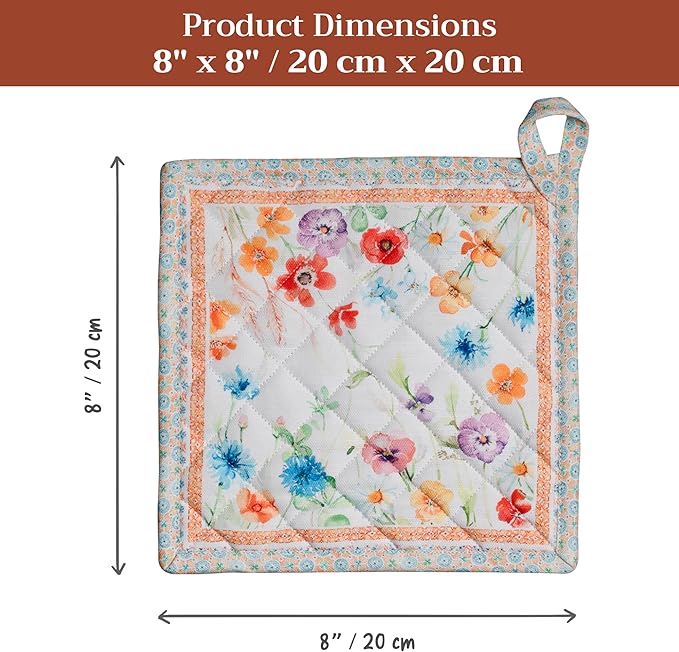 Maison d' Hermine Pot Holders 100% Cotton Heat Resistant Potholders 8" x 8" Hot Pads with Loop BBQ Cooking Baking Gifts for Mothers Day Handling Hot Pans Spring/Summer (Pack of 1, Summer Whisper)