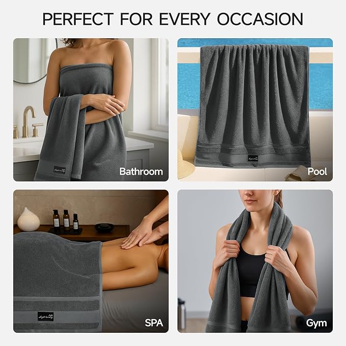 REDKISS 2 Pack Large Bath Towels Set, 100% Cotton, 31x63 in, Heavyweight 760G, Highly Absorbent & Quick Dry, Super Soft Luxury Towels for Bathroom,Hotel Collection - Dark Gray