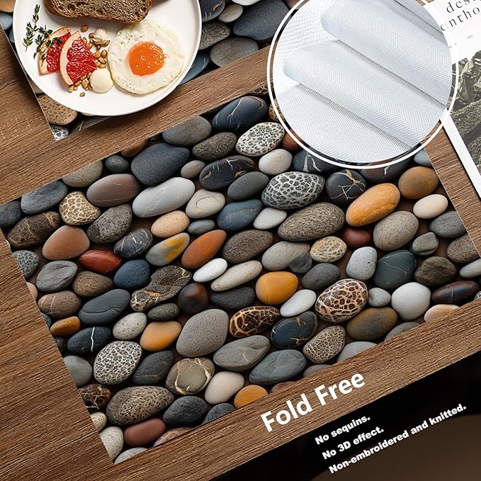 Batmerry Pebbles Various Textures Placemats, Assorted Smooth Stones Washable Linen Table Mats for Kitchen Table Double Insulation Decor Dining Set Indoor Outdoor 12X18 in Set of 8