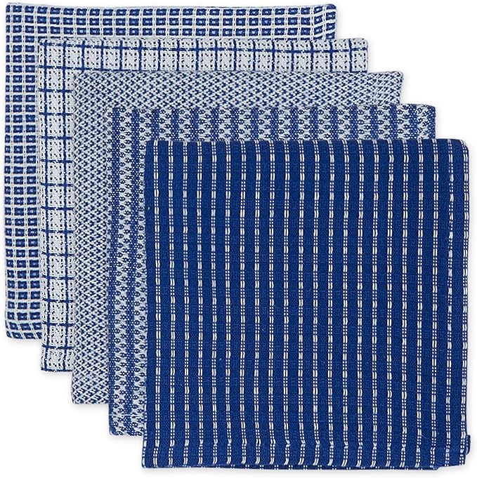 DII Ultra Absorbent, Everyday Cotton Kitchen Towels, Dishcloth Set, Assorted Blue, 5 Piece